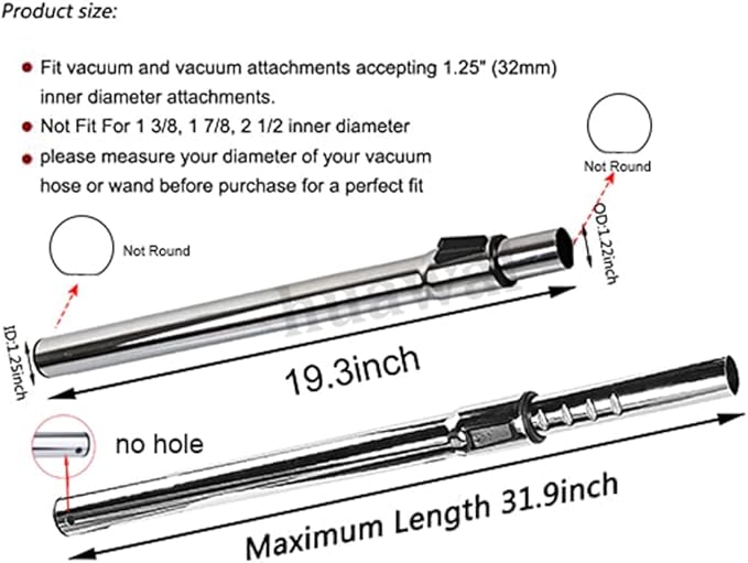 1 1/4 inch 32mm Chrome Telescopic Hose Metal Vacuum Wand Hose Vacuum 1.25inch Extension Wand Extends to 31.9 Inch Long for Most Brand Vacuum