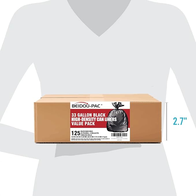 BEIDOU-PAC 33 Gallon Trash Bags, 125 Count, Black Garbage bags, Multi-purpose Trash Can Bin Liners for Home Commercial, Outdoor, Construction, Industrial, Janitorial, Municipal, Lawn, Leaf