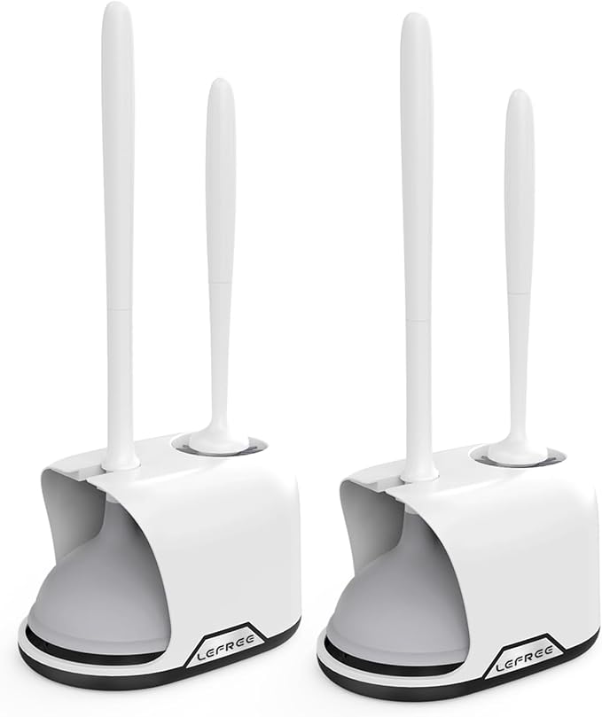 Lefree, 2 in 1 Toilet Brush and Plunger Set with Silicone Bristles, Plastic Material, Includes Holder, White/Black, for Deep Cleaning