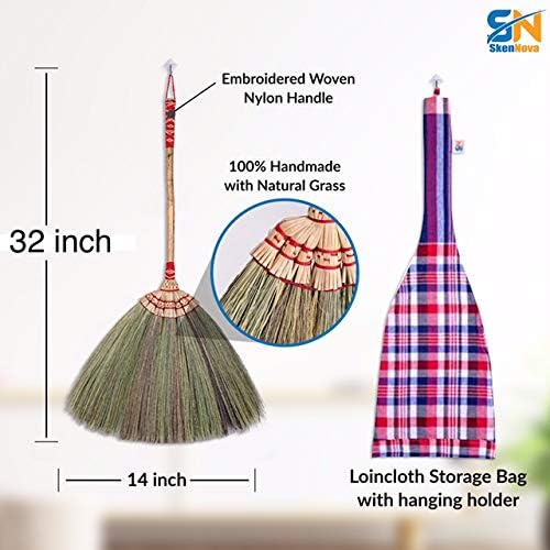 Asian Flower Grass Broom Witch Broom Bamboo Stick Handle Red or Green on Random