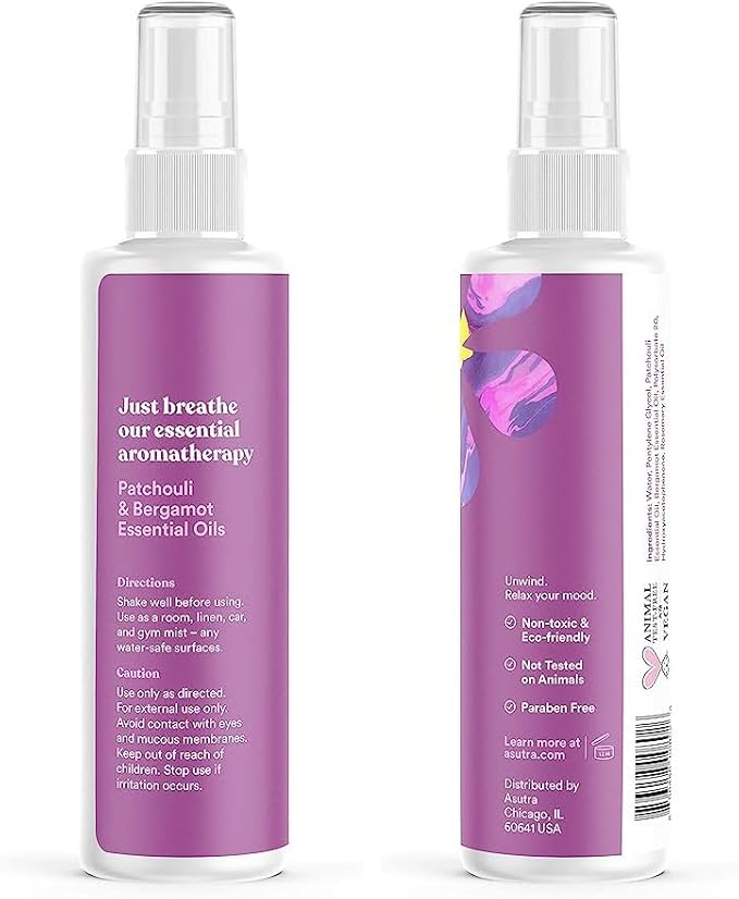 ASUTRA Multi-Use Essential Oil Aromatherapy Spray (Patchouli & Bergamot), 4 fl oz – Mist for Face, Body, Rooms & Linens – Car, Fabric, and Bathroom Freshener