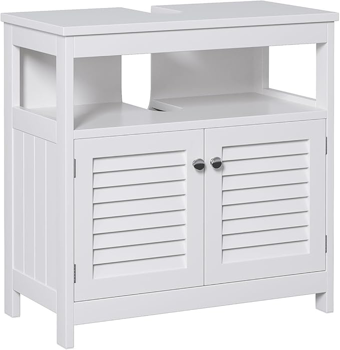 U-Shaped Under Sink Storage Cabinet with 2 Doors & Open Shelf, Freestanding Bathroom Vanity Organizer for Pedestal Sink, Water-Resistant MDF Cabinet for Toiletries & Cleaning Supplies, White