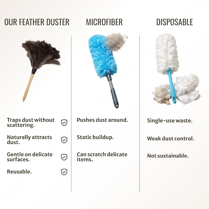 Ostrich Feather Duster with Wooden Handle 14" – Natural Reusable Feather Duster for Cleaning, Furniture & Shelves, Blinds, Ceiling Fan, Dusting Tool for Home, Office, Delicate Surfaces - 2 Pack