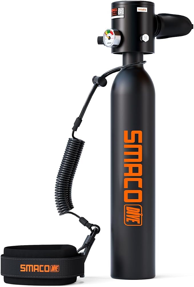 SMACO Mini Scuba Tank 0.5L Portable Reusable Diving Tank Emergency Diving Cylinder for Snorkeling, Freediving, Boat Cleaning & Air Backup Lightweight & Compact Design Pony Bottle S300