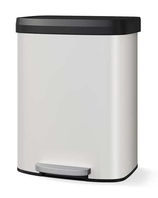 Garvee 16 gal / 60 L Metal Trash Can with Lid, Large Garbage Can for Kitchen, Rustproof Step-on Kitchen Metal Trash Bin with Liner Rim, Rear Handle, Soft Close Plastic Lid, White