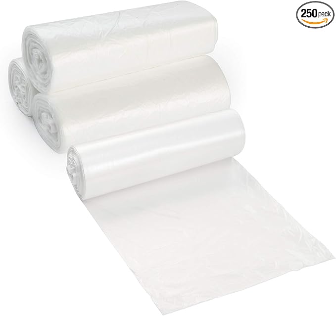 20-30 Gallon Clear Garbage Can Liners, 250 Count - Medium - Large Trash Can Liners - High Density, Thin, Lightweight, 10 Microns - For Office, Home, Hospital, Wastebaskets -10 Coreless Rolls