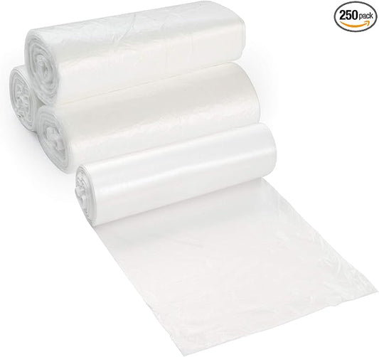 20-30 Gallon Clear Garbage Can Liners, 250 Count - Medium - Large Trash Can Liners - High Density, Thin, Lightweight, 10 Microns - For Office, Home, Hospital, Wastebaskets -10 Coreless Rolls