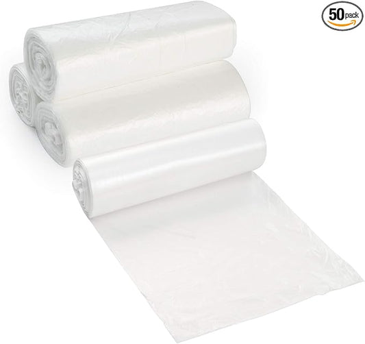 20-30 Gallon Clear Garbage Can Liners, 50 Count - Medium - Large Trash Can Liners - High Density, Thin, Lightweight, 10 Microns - For Office, Home, Hospital, Wastebaskets - 2 Coreless Rolls