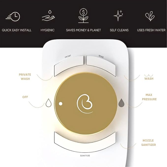 Revolution. Bidet attachment for toilet. Luxury design, bathroom bidet sprayer for toilet, auto shut off, non electric, dual nozzle, feminine wash, self cleaning. Jerusalem Gold and white.