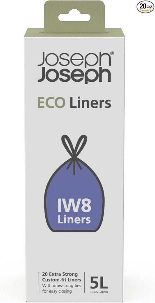 Joseph Joseph Eco Liners IW8 Eco Recycled plastic Bin Liners, Kitchen Bathroom Trash Bags With Tie Tape Drawstring Handles, Extra Strong – Pack of 20, Holds 5 Litres/ 1.3 Gallons