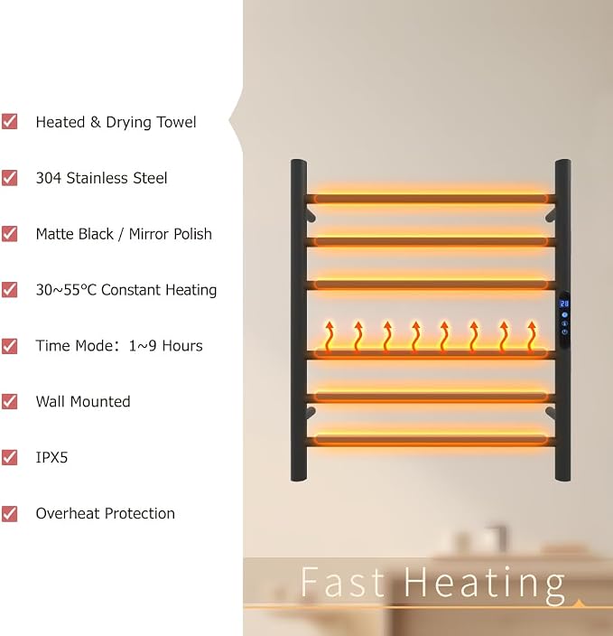 KWW Heated Towel Rack, Remote Control with APP Tuya, Towel Warmer with Timer, Wall Mounted Hot Towel Warmer for Bathroom (Matte Black, 5 Bars)