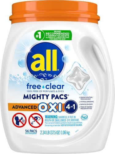 all Laundry Detergent Pacs, Mighty Pacs with OXI Stain Removers and Whiteners, Free Clear, Unscented and Dye Free, 56 Count (Pack of 4)