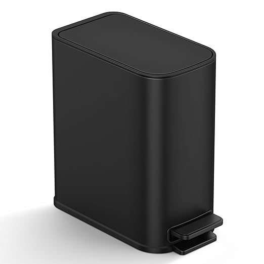 TIPGO Small Bathroom Trash Can with Lid Soft Close, Step Pedal, 1.3 Gallon / 5 Liter Stainless Steel Slim Garbage Can for Office, Diaper Waste Basket with Removable Inner Bucket (Matte Black)