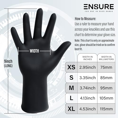 EnSure Black Nitrile Gloves – 7 Mil Heavy-Duty Disposable Gloves, Low Dermatitis, Powder & Latex Free, Puncture & Chemical Resistant for Mechanic, Industrial, Food Service, Medical Usee (1000, Medium)