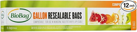 BioBag 100% Certified Compostable Resealable Food Storage Bags, 180 Count, Gallon, Perfect for Refrigerator or Freezer