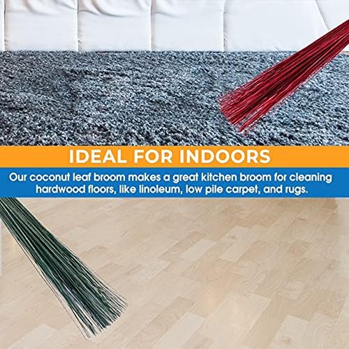 1 Piece of 32 inch Multi-Surface Sturdy Outdoor Authentic Coconut Leaf Broom Asian Thai Heavy Duty Broom (Red)