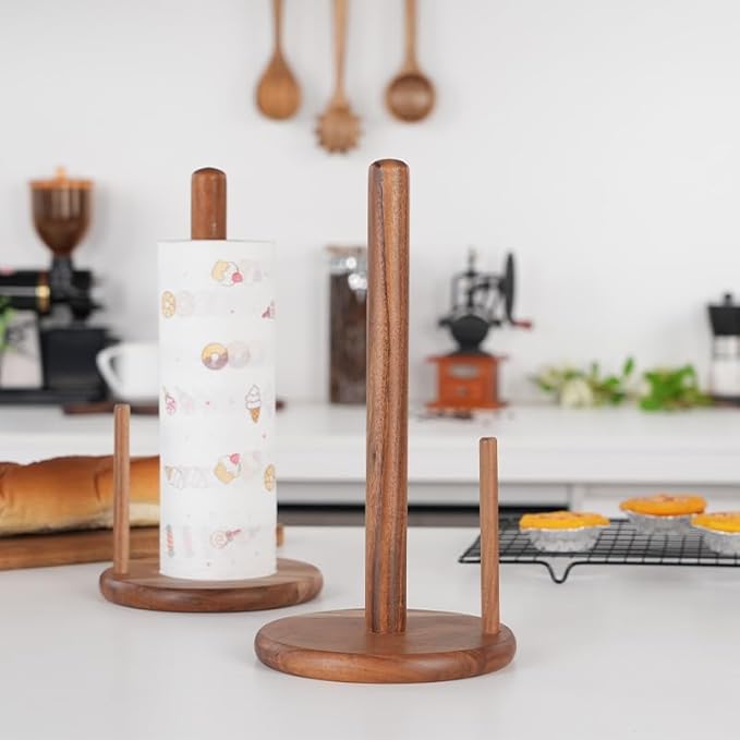 Paper Towel Holder Countertop, Acacia Wood Kitchen Roll Holder with Anti-Slip Weighted Base, Paper Towel Stand for Kitchen Bathroom Dining Table Organize