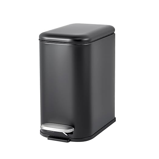 Garvee Bathroom Trash Can with Lid, 1.3 Gallon / 5 Liter Stainless Steel Garbage Can with Removable Liner Bucket, Small Step Wastebasket with Slim Design for Toilet Bedroom Office, Black
