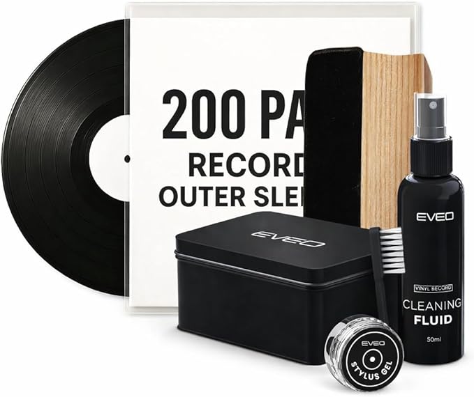 EVEO Vinyl Care Bundle - 200 Vinyl Sleeves + Vinyl 4-1 Cleaner Kit