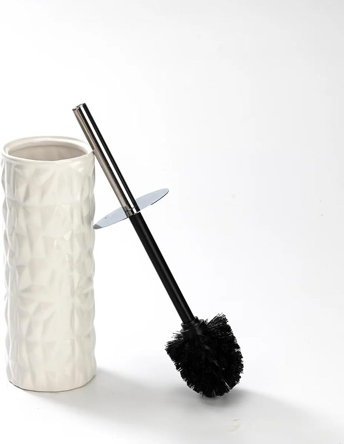 J&V TEXTILES Ceramic Toilet Brush, Toilet Bowl Brush with Extra Long Handle Durable Bristles Toilet Scrubber and Covered Holder for Toilet Brush Set for Bathroom Cleaning (Chrome/White)