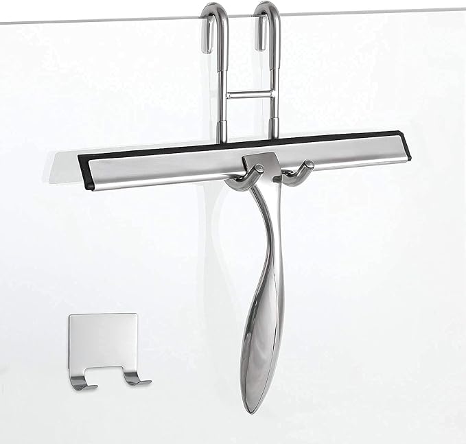 Simtive 10-Inch Shower Squeegee (Includes 1 Shower Door Hook and 1 Adhesive Hook), Shower Door Hooks (2-Pack), Both Silver, 2 Item Bundle