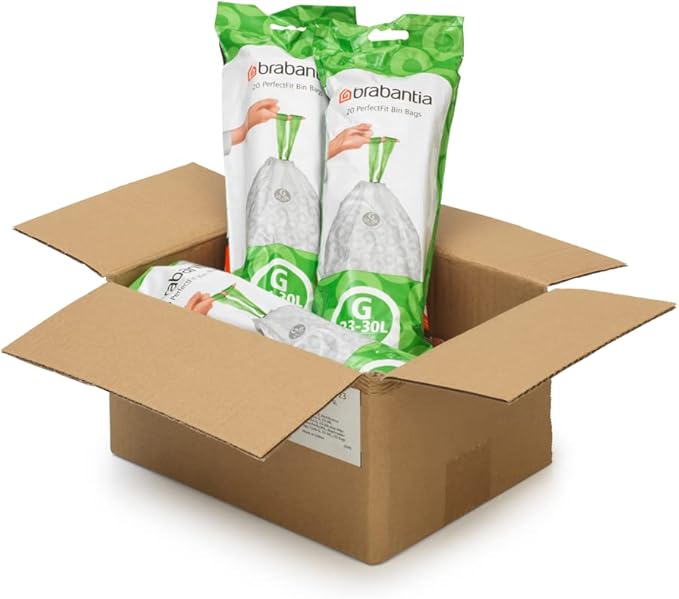 Brabantia PerfectFit Trash Bags (Size G/6-8 Gal) Thick Plastic Trash Can Liners with Drawstring Handles (120 Bags)