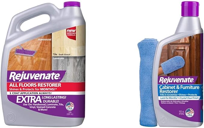 Rejuvenate All Floors Restorer and Polish Fills in Scratches Protects & Restores Shine No Sanding Required (128 oz) and Rejuvenate Cabinet And Furniture Restorer Fills In Scratches, Shines And Protects Indoor Cabinets And Furniture, 16 Ounces