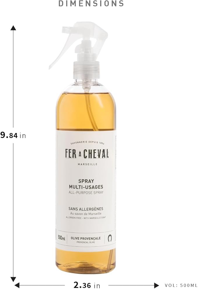 Fer à Cheval Versatile Marseille All-Purpose Spray Cleaner - Natural Provençal Olive Scent, Allergen-Free, 99% Natural Ingredients, 500 ml/16.9 fl oz (2-Pack)