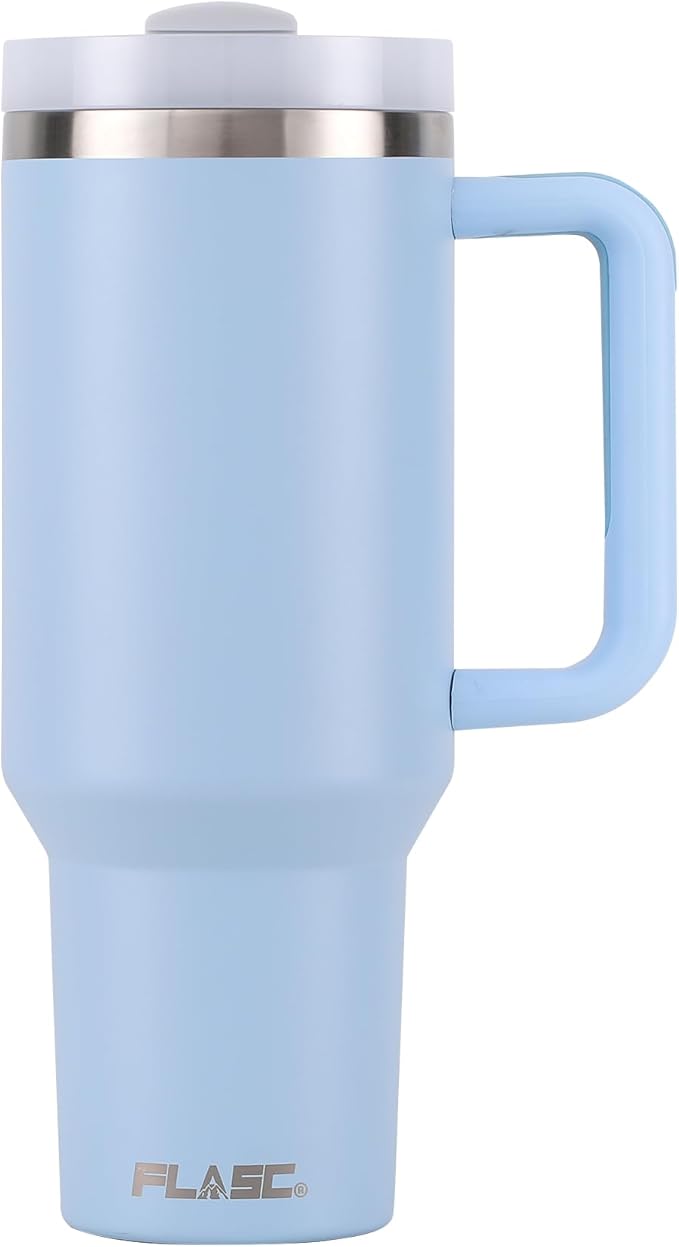 FLASC 40 oz Tumbler With Handle and Straw | 100% Leakproof Insulated Tumbler With Lid and Straw | Includes ALL Accessories: Stainless Steel Straw, Silicon Boot, Straw Cover & Cleaner (Sky Blue)