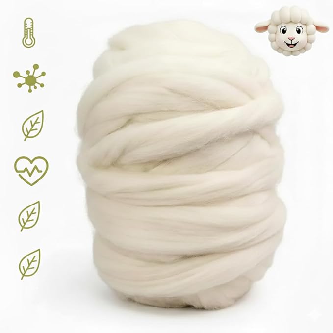 1 lb Merino Wool Roving Bulk 25 Micron, for Needle & Wet Felting, Hand Spinning Soft Chunky Jumbo|100% Natural Undyed (Off-White) Wool Yarn, Core, Combed Stuffing Clean carded