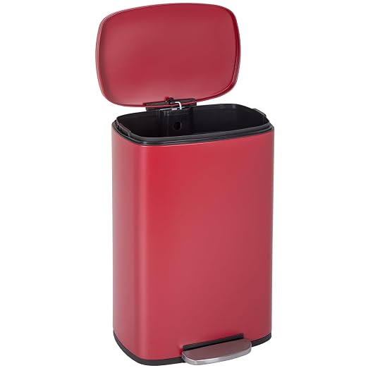 BestOffice 13 Gallon (50L) Trash Can with Soft-Close Foot Pedal, Fingerprint Proof Stainless Steel Can for Kitchen, Home, Office, Bedroom, Bathroom, Red
