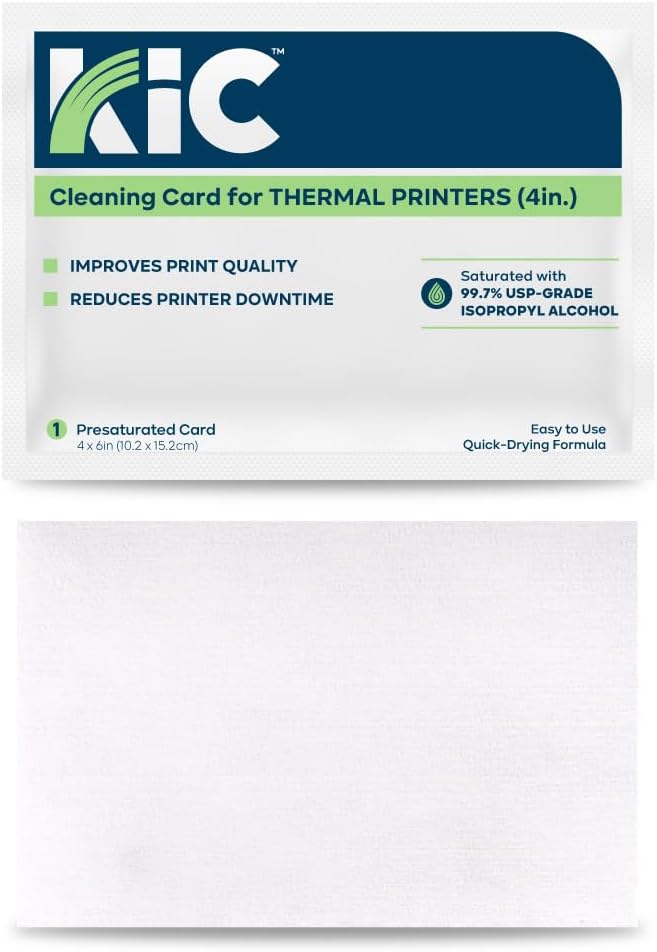 KICTeam - Cleaning Cards for Thermal Printers (25 Cards) - Presaturated with Quick Drying Solution to Clean 4in Receipt Paper Thermal Printers