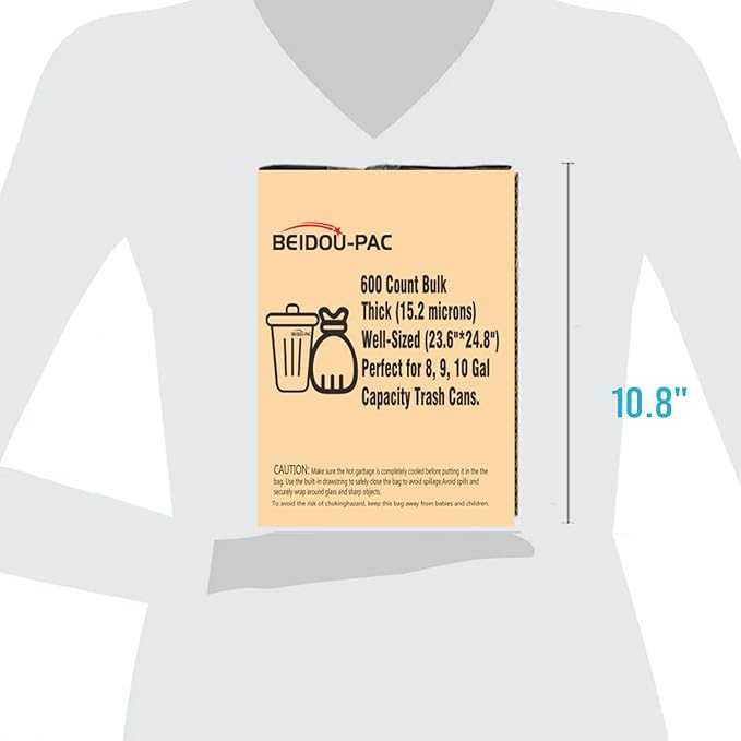 BEIDOU-PAC 8-10 Gallon Trash Bags Drawstring, 600 Count Bulk, Black & Unscented Multi-purpose Garbage Bags for Business Home Bathroom Kitchen Commercial and Industrial