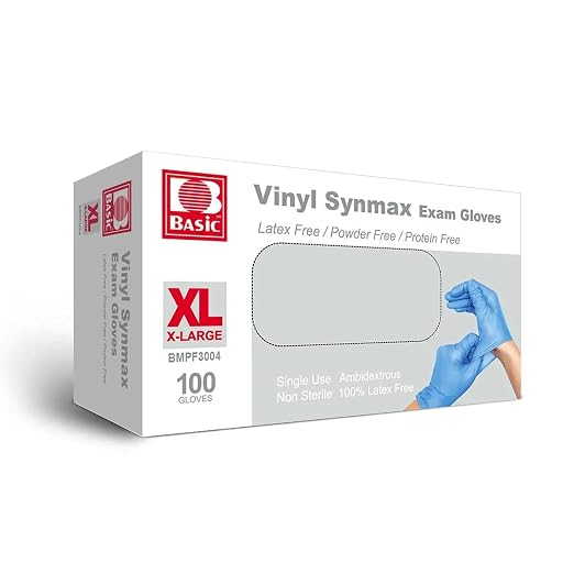 Basic Disposable Vinyl Exam Glove100Pcs,XL Size,Cleaning Gloves,Food Service Gloves,Powder Free,Latex Free,Non-Sterile for All Purposes,Blue (BMPF3004B)