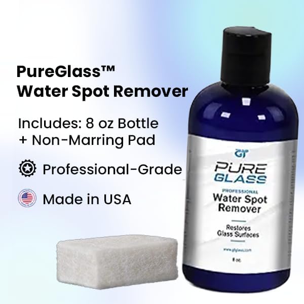 PureGlass Water Spot Remover, Professional-Grade Glass Cleaner for Windshields, Windows & Shower Glass, Removes Hard Water Stains, Calcium, and Mineral Deposits, Scratch-Free Finish, 8 oz