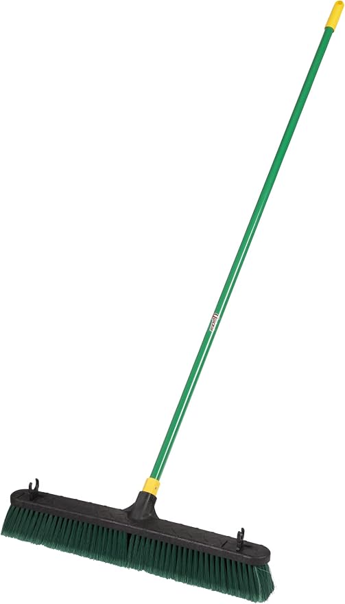 Quickie Bulldozer Multi-surface Push Broom 24 inch, Green, Indoor and Outdoor Cleaning, Steel Handle, Professional-Grade, Sweep Jobsites/Sidewalks/Warehouse/Concrete/Asphalt/Wood (538)