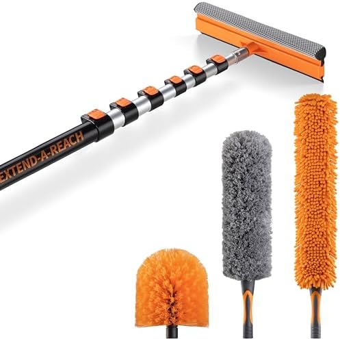 5-30 ft Window Washer Squeegee Kit with Extension Pole (36+ Foot Reach) and Dusting Kit // Twist on Duster Cleaning Kit with Cobweb Brush, Feather Duster and Flexible Ceiling Fan Duster