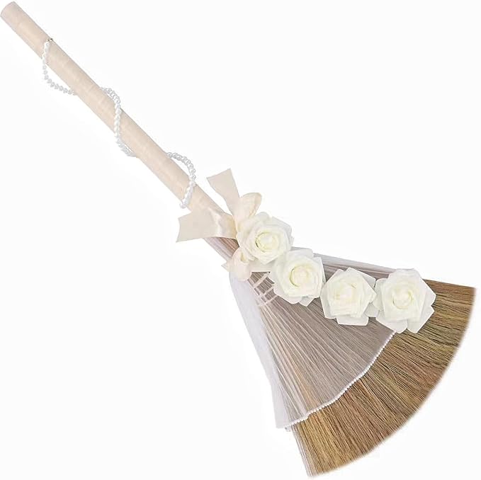 Wedding Broom for African American Jumping Ceremony, Decorative Jump Broom DIY Wedding Decor, Pearl Yarn Pearl Chain with Ribbons Artificial Pearl Roses