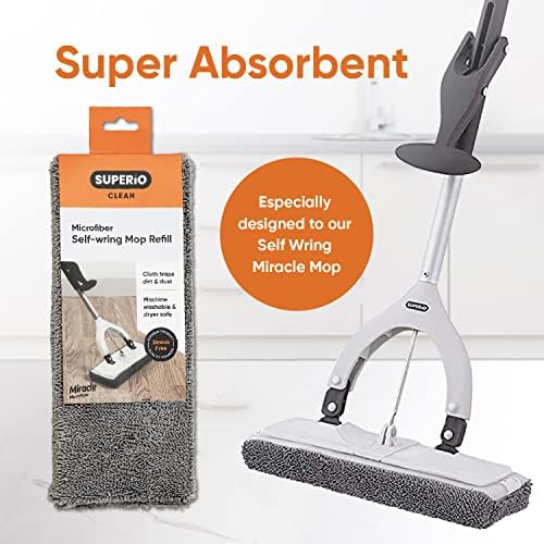 Superio Microfiber Mop Head Replacement for Self-Wring Miracle Mop, Microfiber Cleaning Pad, Mop Refill, Self Wringing Mop (6 Pack)