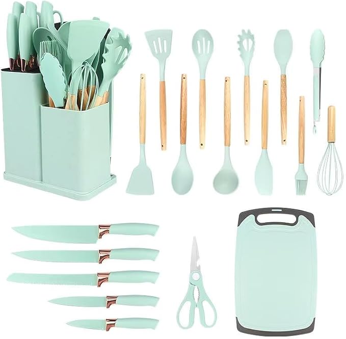 19-Piece Kitchen Utensil Set with Holder Silicone Cooking Tools with Wooden Handles, Knife Set, Scissor, Peeler, Pasta Server, Whisk, Spoon, Tongs & other Utensil Organizer (Light Green)