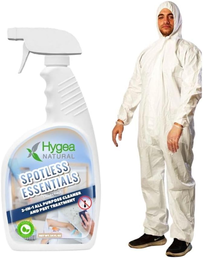 Hygea Natural Spotless Essentials 2-in-1 Lice Spray treatment & All purpose cleaner Laundry Fresh Scent 24oz + Coveralls Full Body Protective Clothing suit with hood (X-Large) Bundle