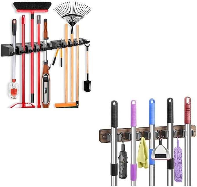 IMILLET 2 Pack Plastic Pack Broom Holder & 1 Pack Wood Broom Holder