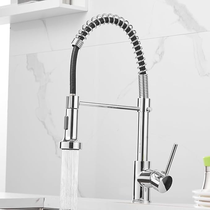 Spring Kitchen Sink Faucet Commercial Single Handle Single Lever Kitchen Faucet with Pull Down Sprayer, Polished Chrome Kitchen Faucets