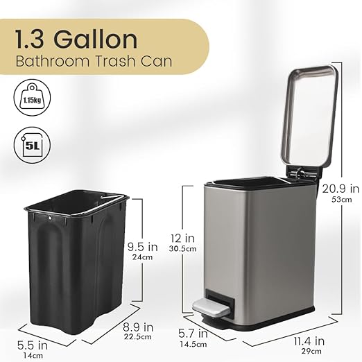 5 Liter / 1.3 Gallon Trash Can with Removable Liner, Soft Close lid & Step Pedal, Stainless Steel Trash Bin for Bathroom,Bedroom,Home Office,Grey