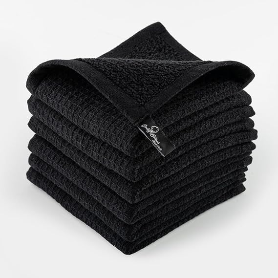 Kitchen Cleaning Dish Wash Cloths Waffle Terry Design Kitchen DishCloths|Washable 12x12 Cotton Dish Rags for Drying Dishes|Counter Top Barista Dust Wipes|Spring Easter Basket Decor| 6 Pc Set-Black