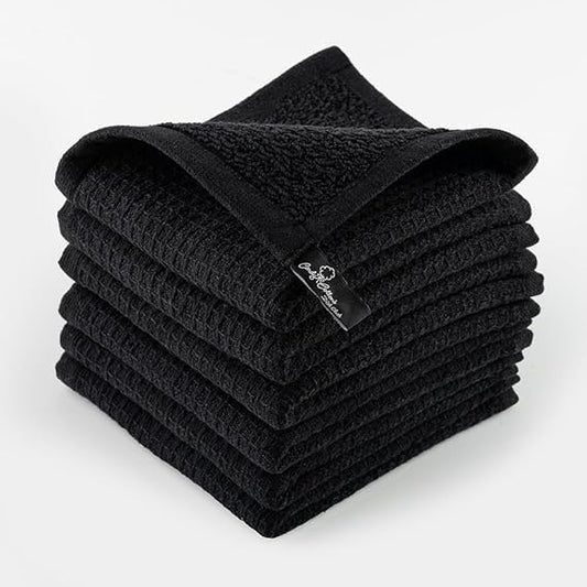 Kitchen Cleaning Dish Wash Cloths Waffle Terry Design Kitchen DishCloths|Washable 12x12 Cotton Dish Rags for Drying Dishes|Counter Top Barista Dust Wipes|Spring Easter Basket Decor| 6 Pc Set-Black