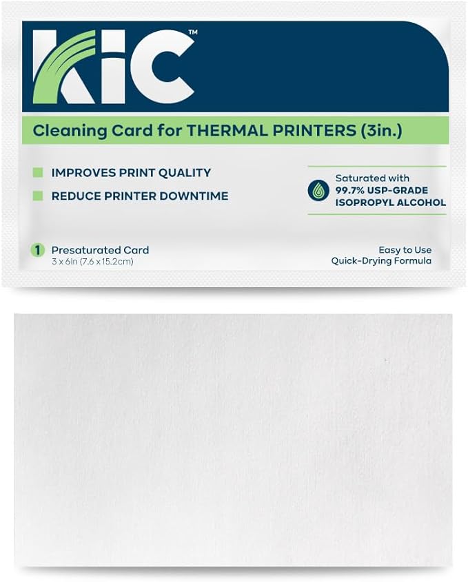 KICTeam - Cleaning Cards for Thermal Printers (25 Cards) - Presaturated with Quick Drying Solution to Clean 3in Receipt Paper Thermal Printers
