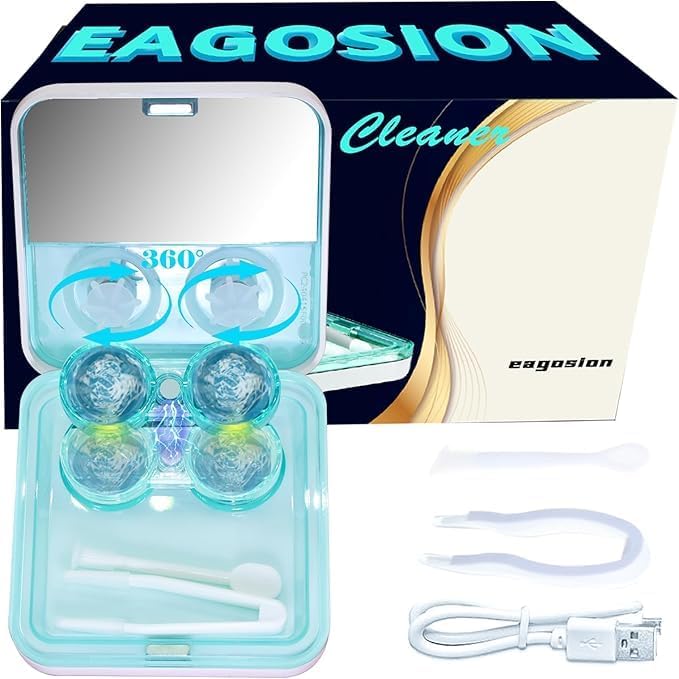 Contact Lens Cleaner Machine EV Pro, Portable Physical Technology Deep Clean with LED Light Tweezer Soak Case Kit, Magnetic Cleaning Slot USB Charger for Long-Term Lens/Colored Lens/Soft Lens