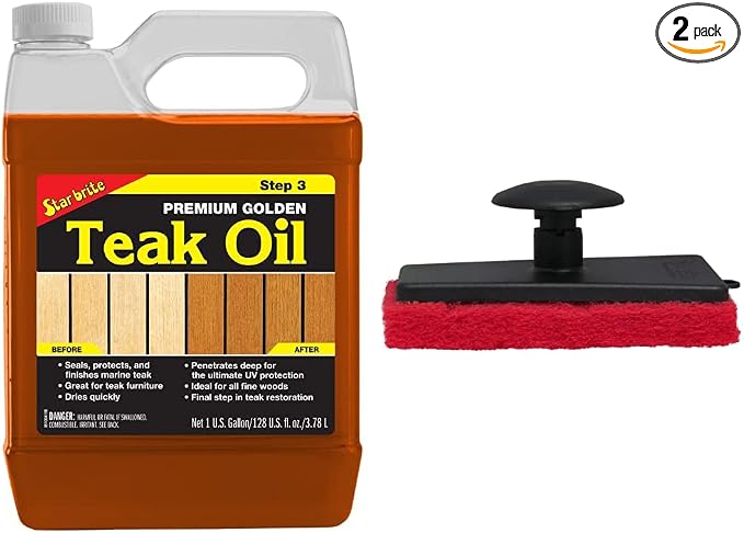 STAR BRITE Premium Golden Teak Oil - Sealer, Preserver & Finish for Outdoor Teak & Other Fine Woods - Step 3-1 GAL (085100) & Scrubber/Medium (Red) (040021P)