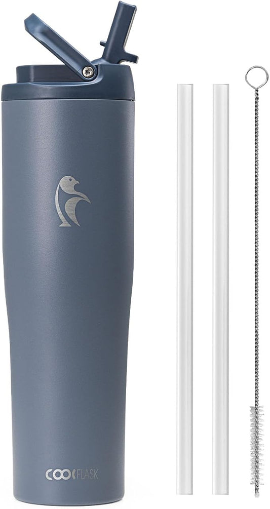 Coolflask Water Bottle 40 oz Fits Car Cup Holder, Slim Tumbler Stainless Steel with Straw & Handle, Vacuum Flask Leakproof Wide Mouth for Travel Sports Gym, Grey